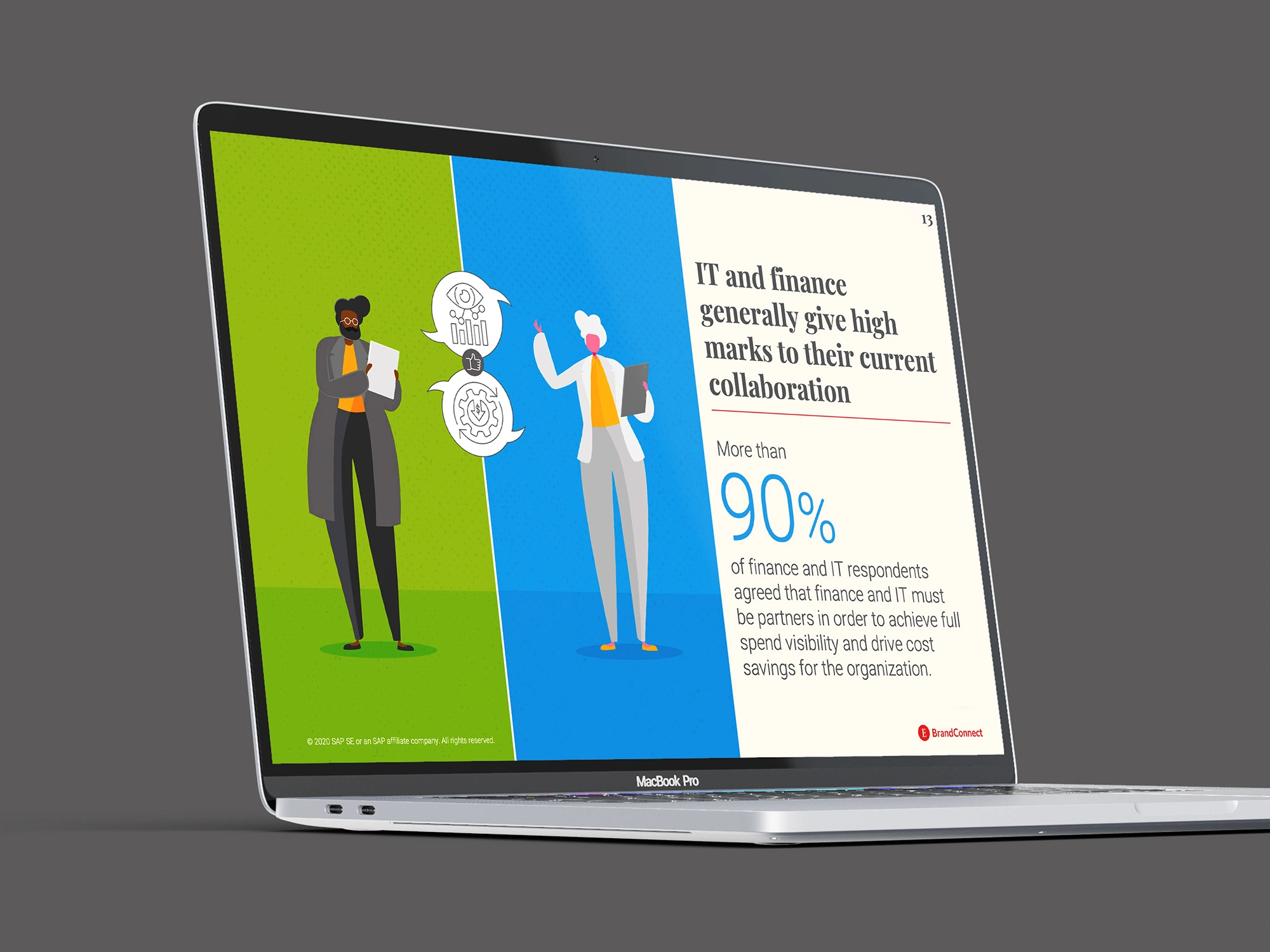 A laptop screen displaying a presentation design with two people engaged in discussion.